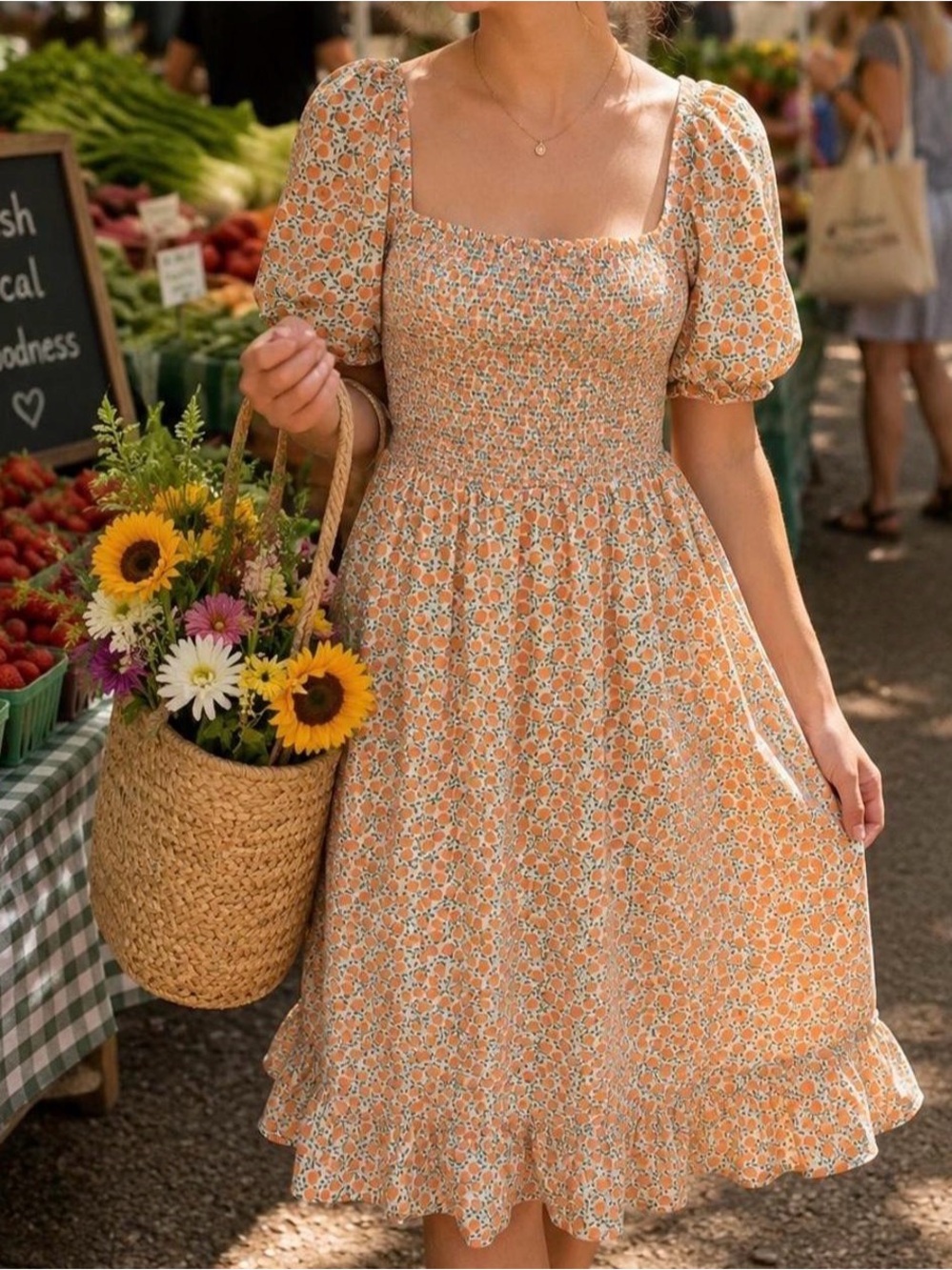 J. Crew Orange and Green Smocked Floral Midi Dress Small
